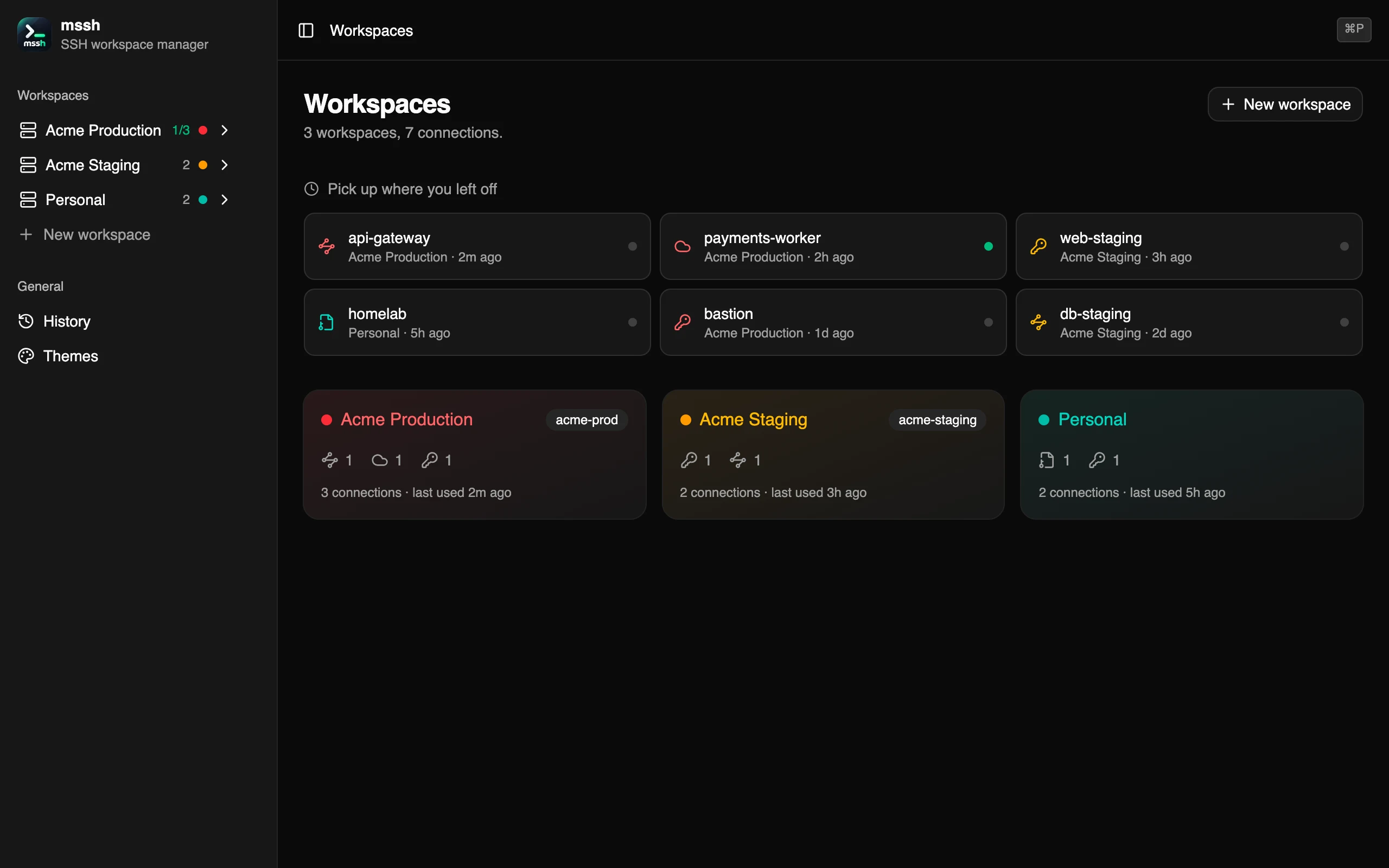 The mssh home page: recently used machines and three colour-coded workspaces