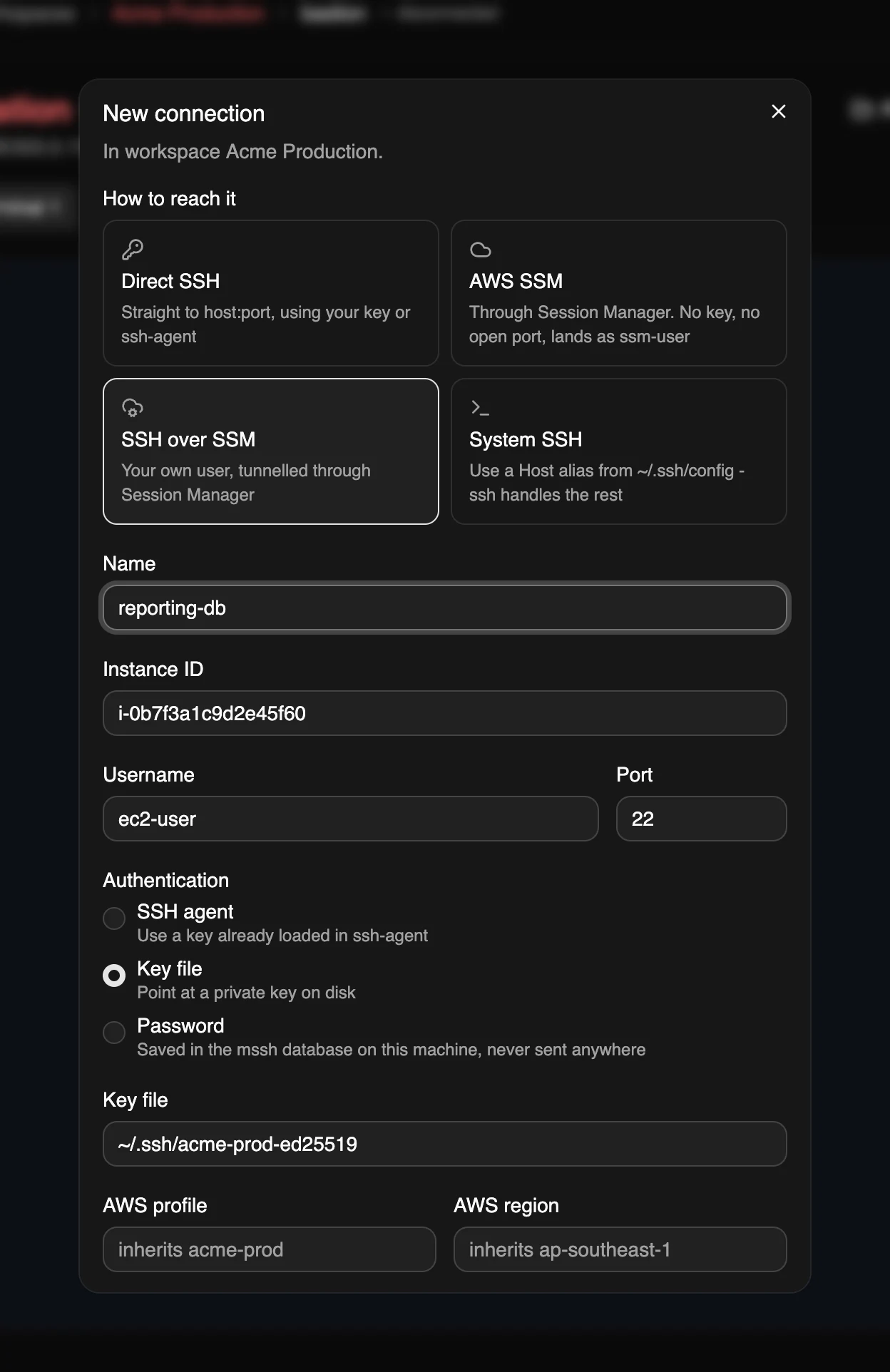 The New connection dialog with SSH over SSM selected, an instance id, user ec2-user and a key file