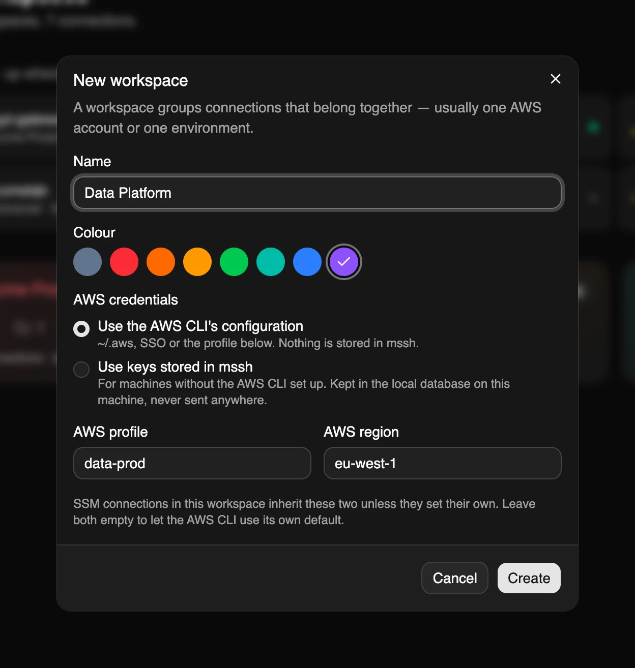 The New workspace dialog: name Data Platform, violet colour, AWS CLI configuration, profile data-prod in eu-west-1